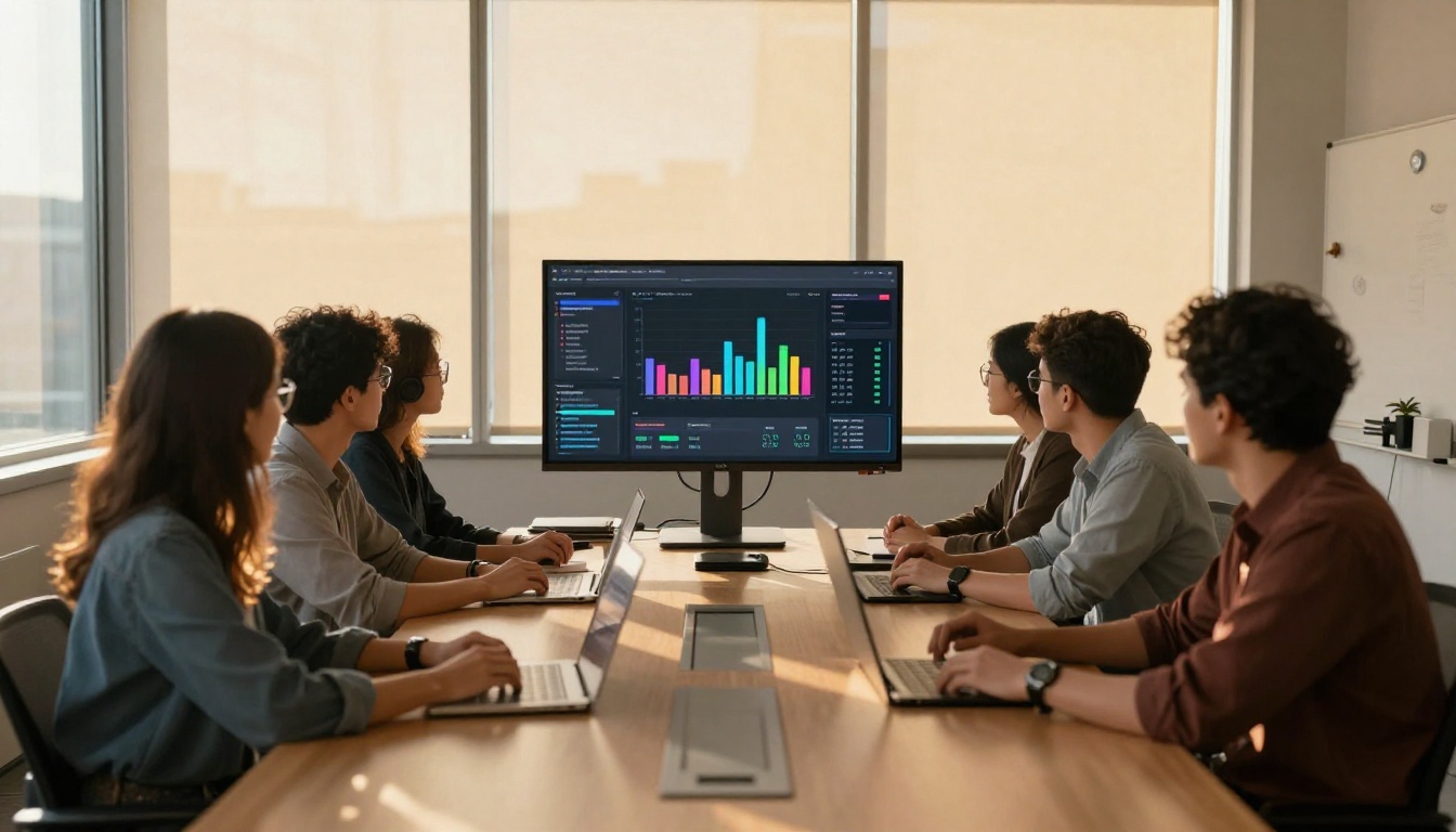 Team collaborating around an AI dashboard monitor