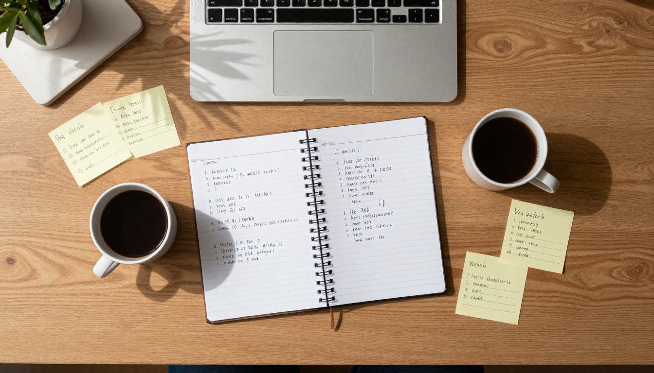Desk flat lay with MacBook, notebook, and coffee
