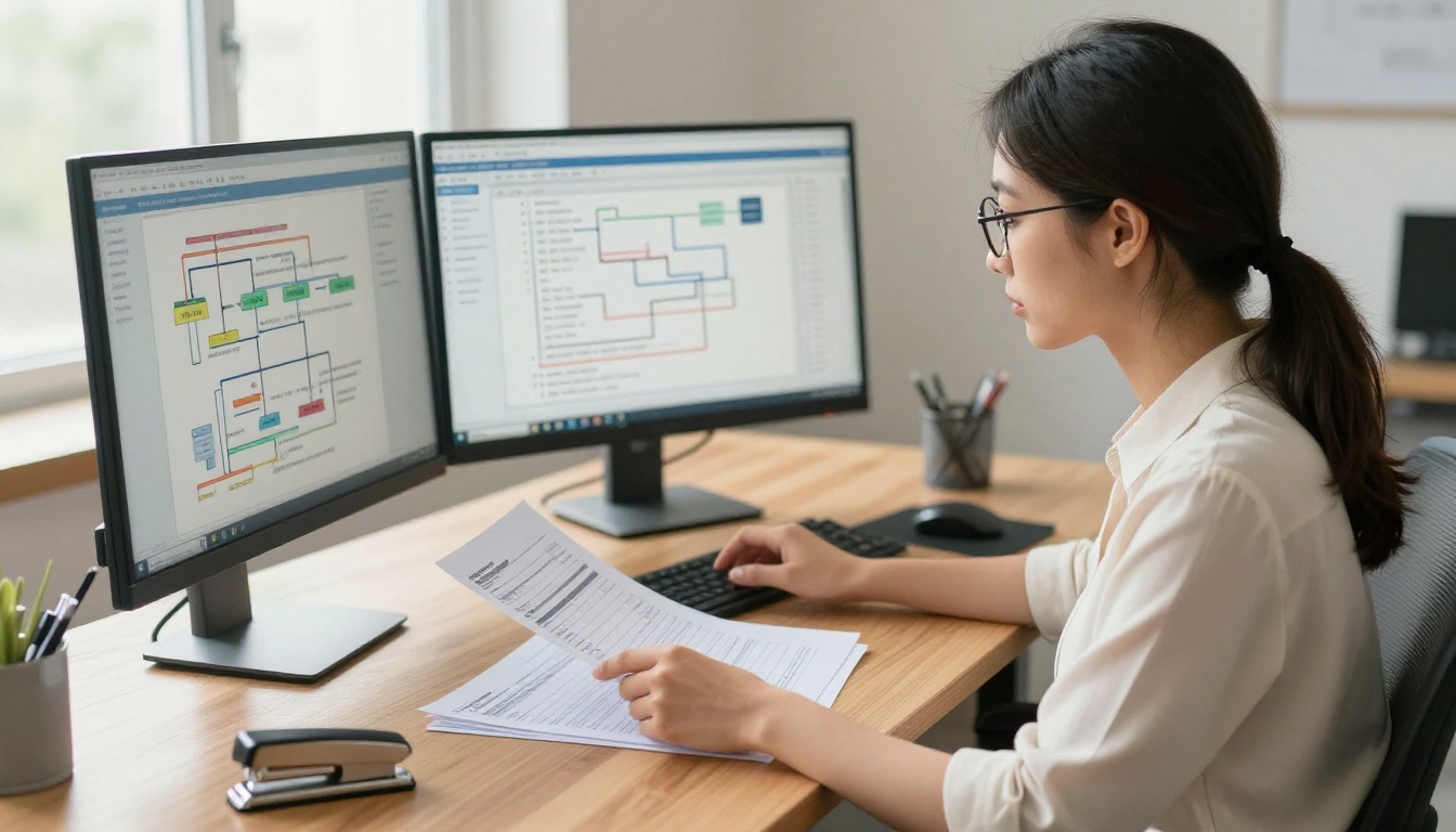 Business analyst reviewing ETL pipeline diagrams and transformation flowcharts