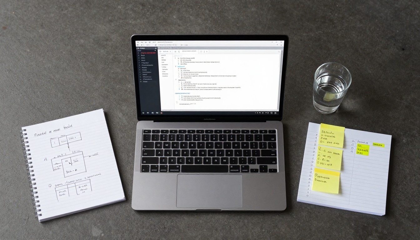 Overhead flat lay workspace with schema design notebook and code editor