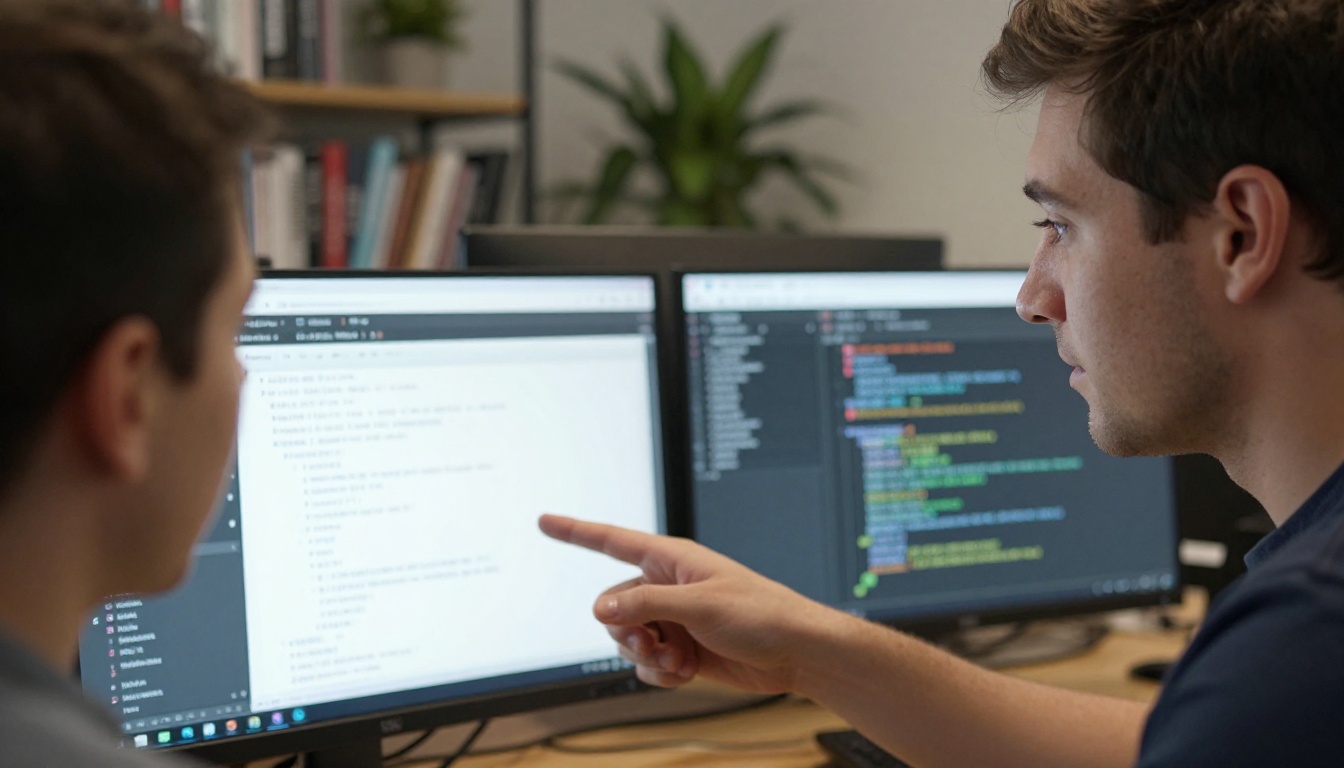 Two developers pair programming at a monitor