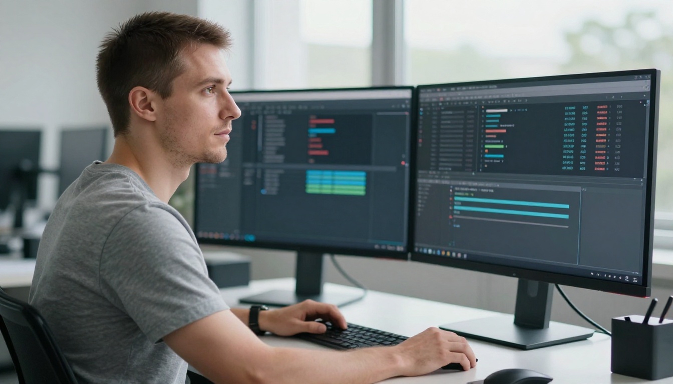 Software engineer monitoring real-time batch processing logs on ultrawide monitor