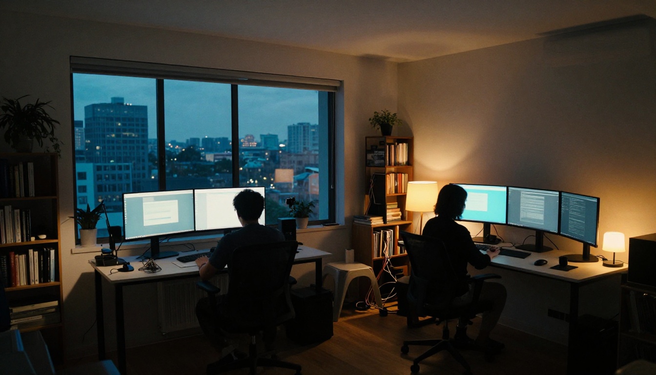 Developer working late in home office at dusk