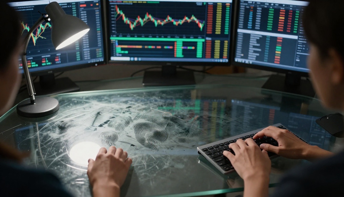 Financial dashboard data viewed through glass desk surface from below