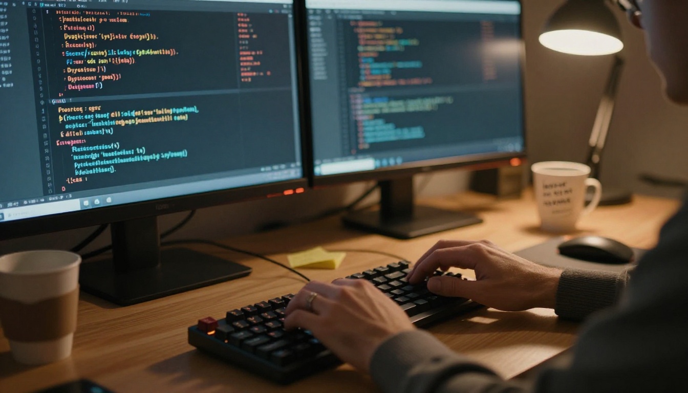 Software developer's hands typing on a mechanical keyboard with dual monitors displaying syntax-highlighted code in a dim home office Software developer's hands typing on a mechanical keyboard with dual monitors displaying syntax-highlighted code in a dim home office