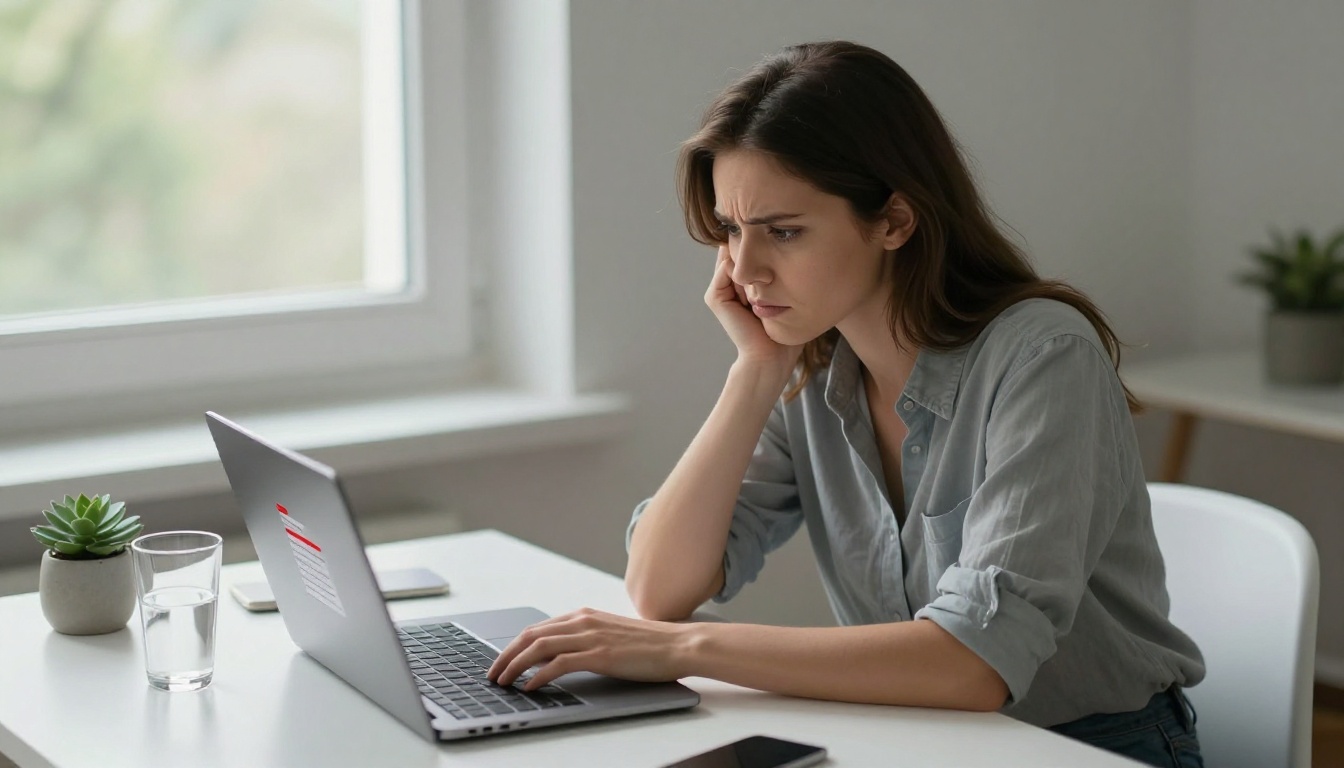 Frustrated young woman looking at contradictory information on her laptop screen at a minimalist white desk Frustrated young woman looking at contradictory information on her laptop screen at a minimalist white desk