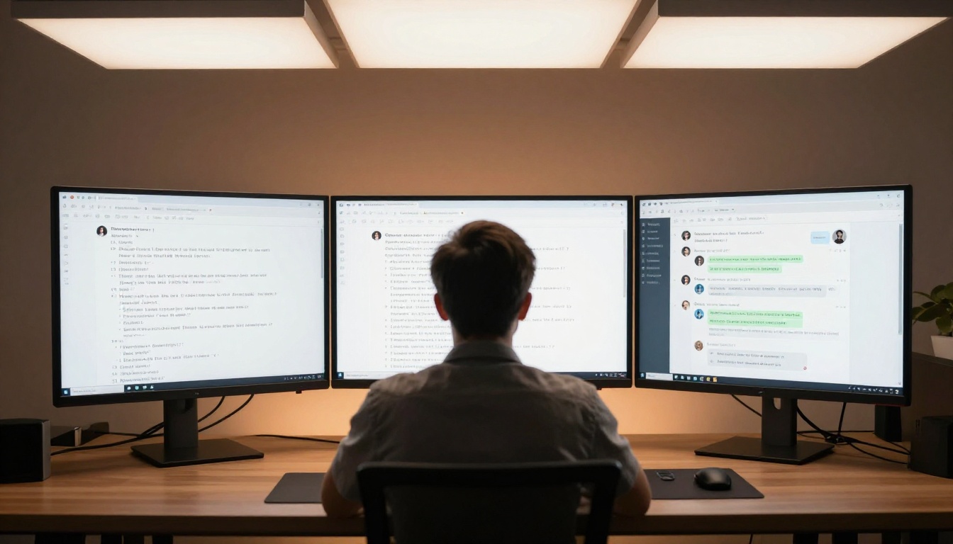 Two large AI interface screens side by side on a shared desk with a silhouette comparing them in warm evening office light Two large AI interface screens side by side on a shared desk with a silhouette comparing them in warm evening office light