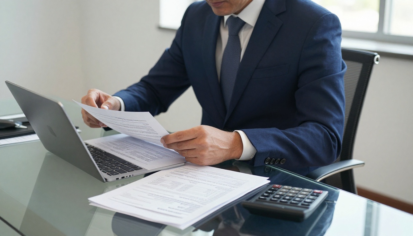 Business professional reviewing financial documents and invoices at a glass conference table in a boardroom Business professional reviewing financial documents and invoices at a glass conference table in a boardroom
