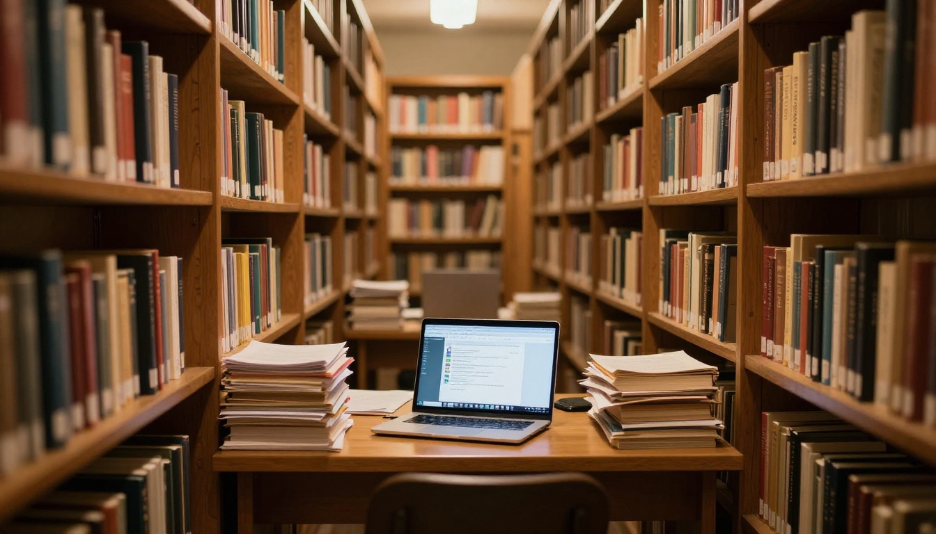 Researcher surrounded by towering stacks of printed documents and open books at a library desk with a laptop open Researcher surrounded by towering stacks of printed documents and open books at a library desk with a laptop open