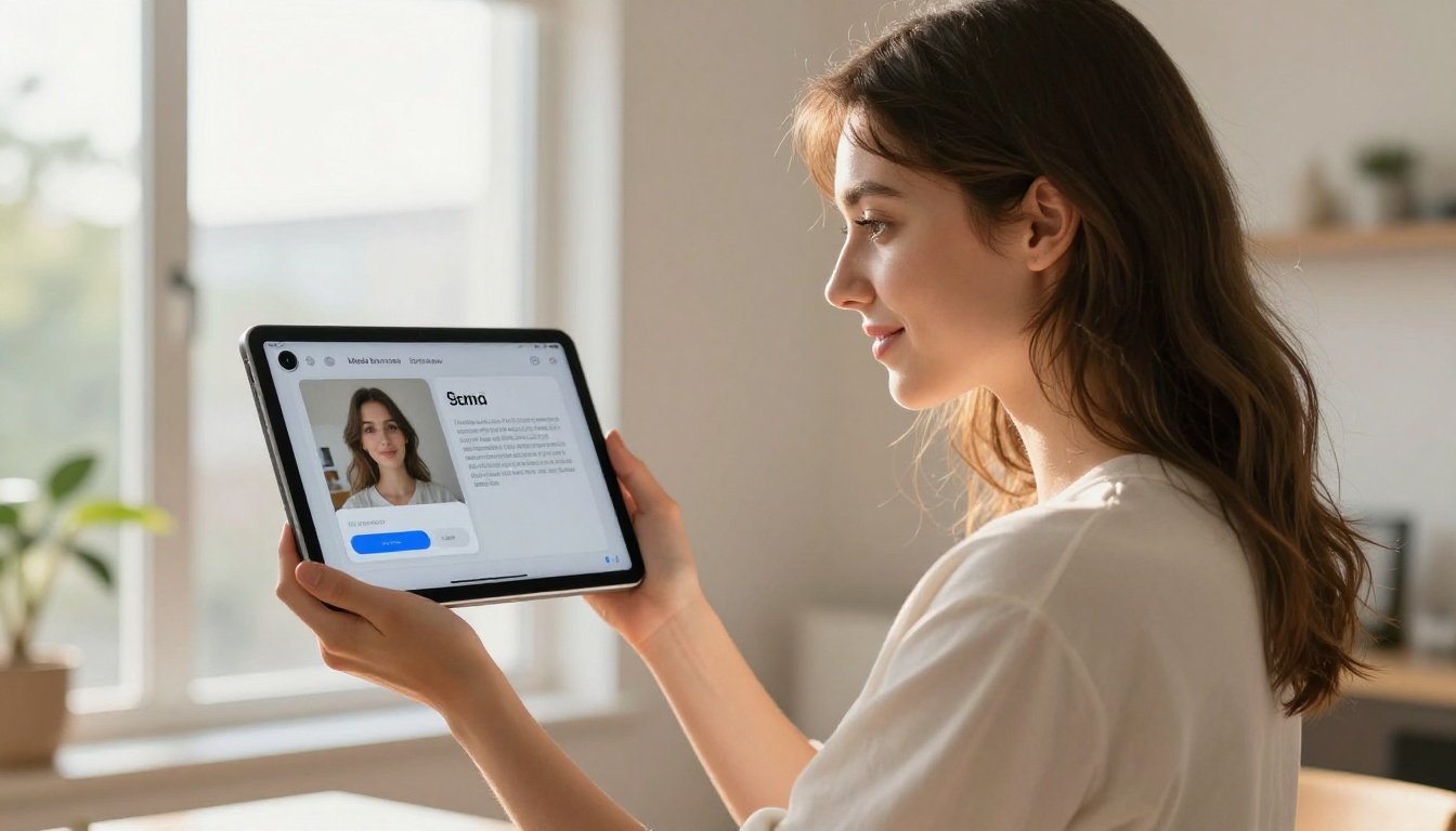 Young woman using a multimodal AI tablet interface near a bright apartment window with warm afternoon light on her face Young woman using a multimodal AI tablet interface near a bright apartment window with warm afternoon light on her face
