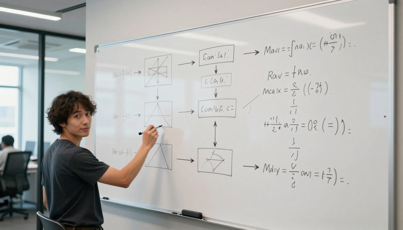Person at a whiteboard with geometric reasoning diagrams and logical flowcharts in a modern glass-walled office Person at a whiteboard with geometric reasoning diagrams and logical flowcharts in a modern glass-walled office