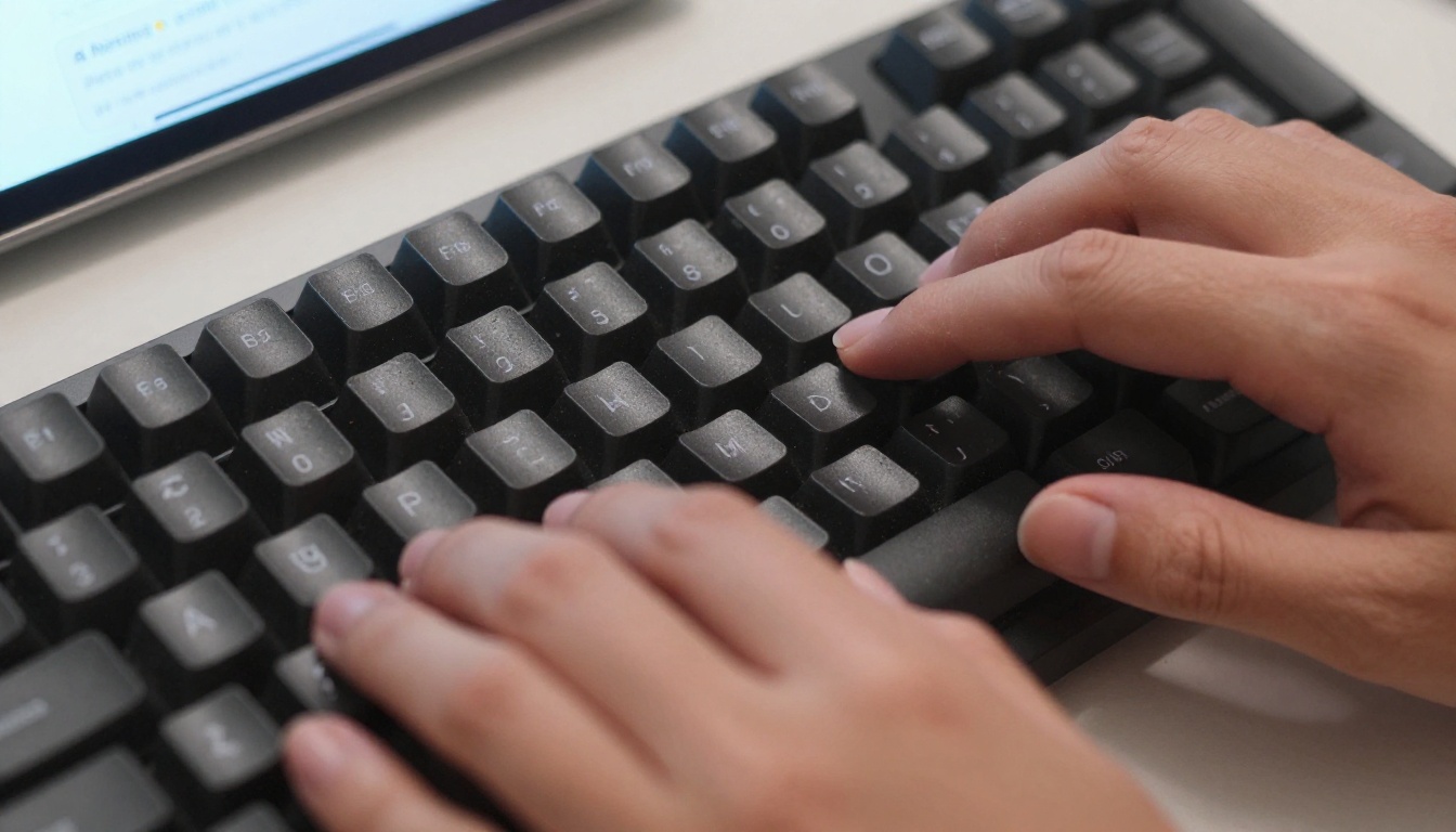 Hands typing on a mechanical keyboard with an AI chat response visible on a nearby phone screen