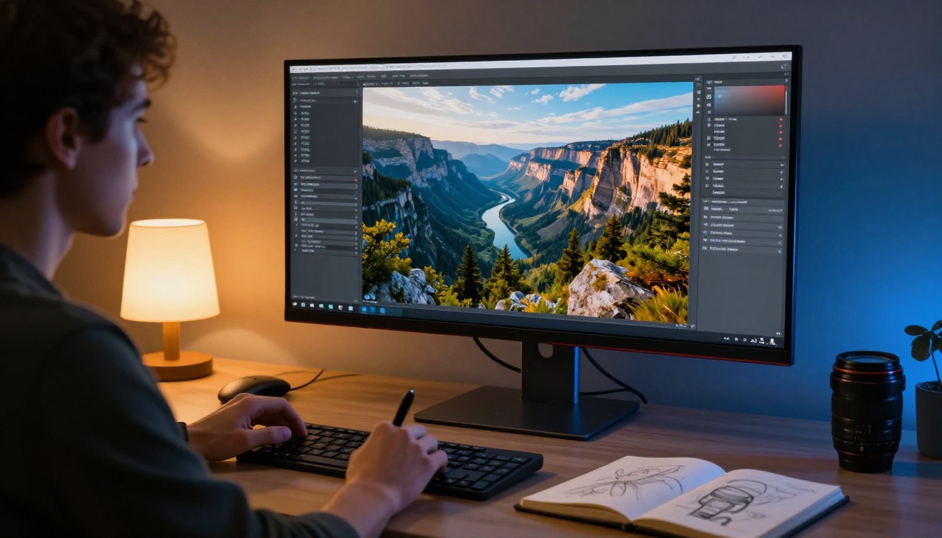 Creative professional working at a large curved monitor displaying AI-generated imagery in a studio with warm tungsten and cool blue dual lighting Creative professional working at a large curved monitor displaying AI-generated imagery in a studio with warm tungsten and cool blue dual lighting