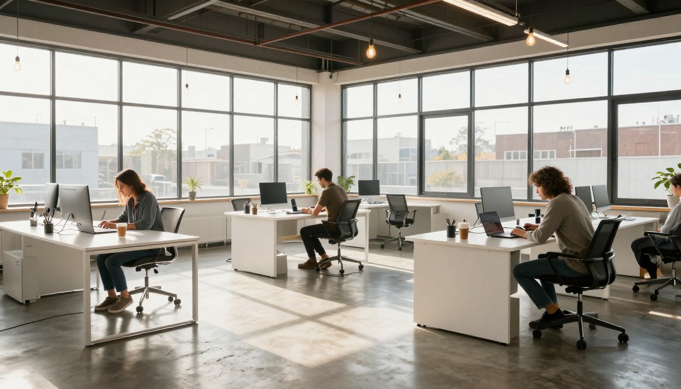 Wide shot of a modern co-working space with three people focused on laptops under large industrial windows