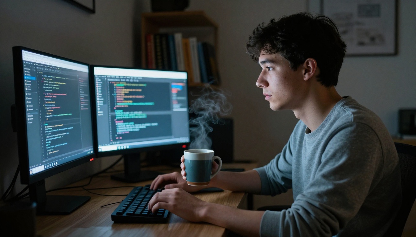 A young developer working late at night, face lit by the warm glow of dual monitor screens showing code