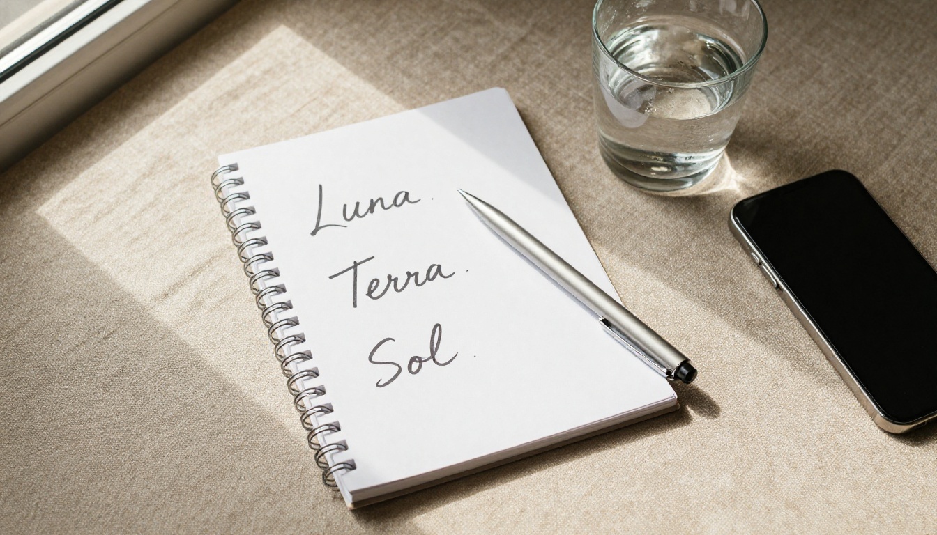 Aerial flat-lay of a minimalist notepad with the words Luna, Terra, Sol written in cursive, a thin pen resting across it