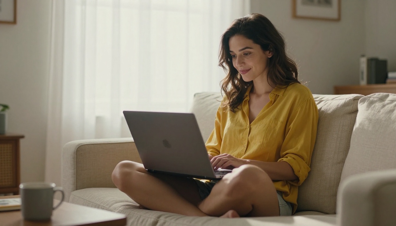 Woman sitting cross-legged on a cream linen sofa, reading her laptop screen with a slight smile in warm afternoon light