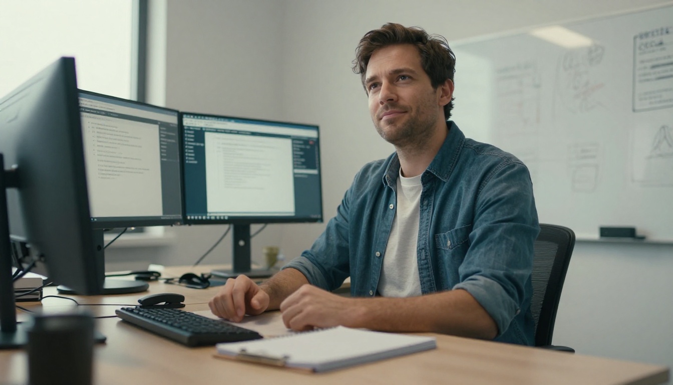 Low-angle shot of a confident man at a standing desk, arms crossed, dual monitors with text interfaces behind him