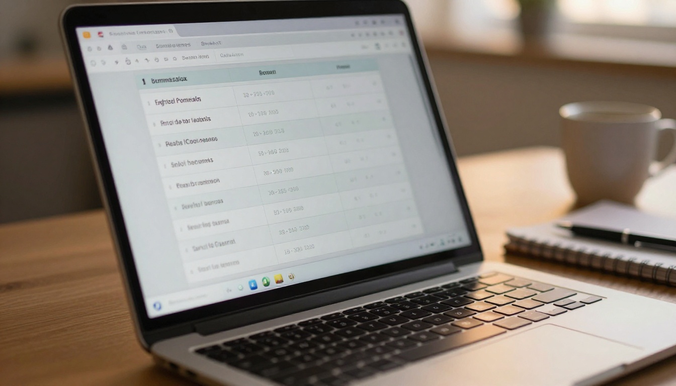 Close-up of a laptop screen at dusk showing a model comparison table in a browser, a pen resting on a spiral notebook beside it