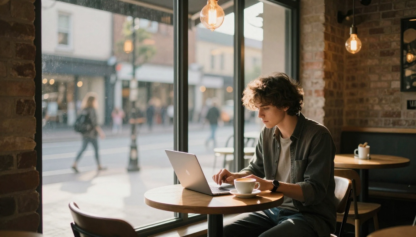 A freelancer working on a laptop in a sunlit cafe by a large street-facing window, coffee cup beside the keyboard