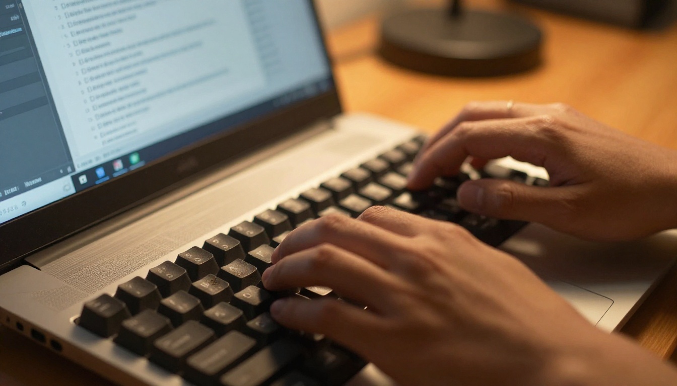 Developer writing a system prompt on a mechanical keyboard Developer writing a system prompt on a mechanical keyboard
