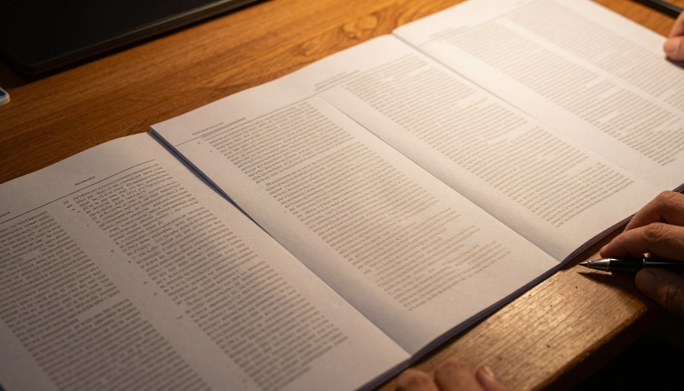 Researcher hands organizing dozens of printed report pages across an oak desk