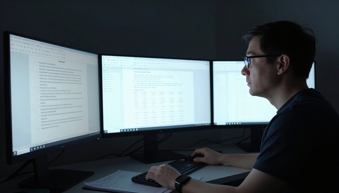 Researcher seated in front of three widescreen monitors displaying document comparisons