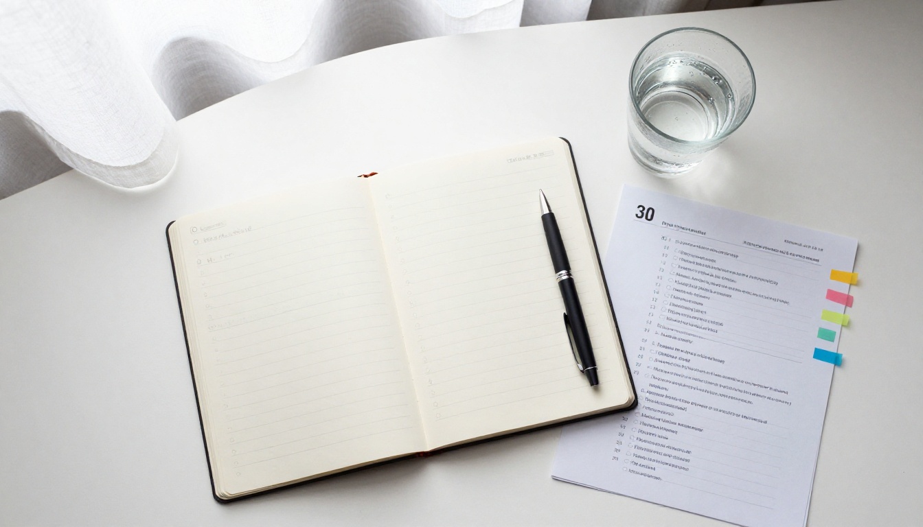 Aerial flat-lay view of a writing desk with printed report and handwritten section outlines