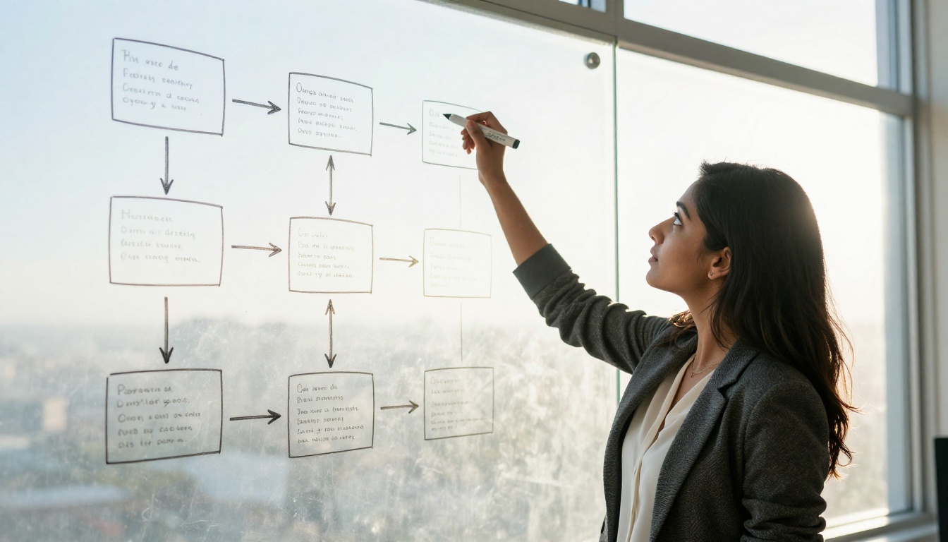 Young South Asian woman at a glass whiteboard planning a document structure with flowchart arrows
