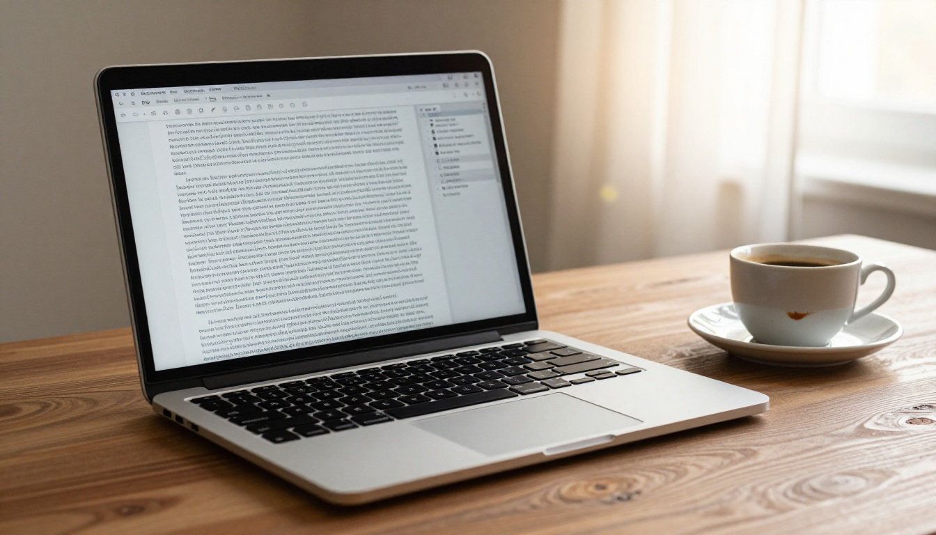 Slim laptop screen displaying a dense long-form text document on a walnut wood desk