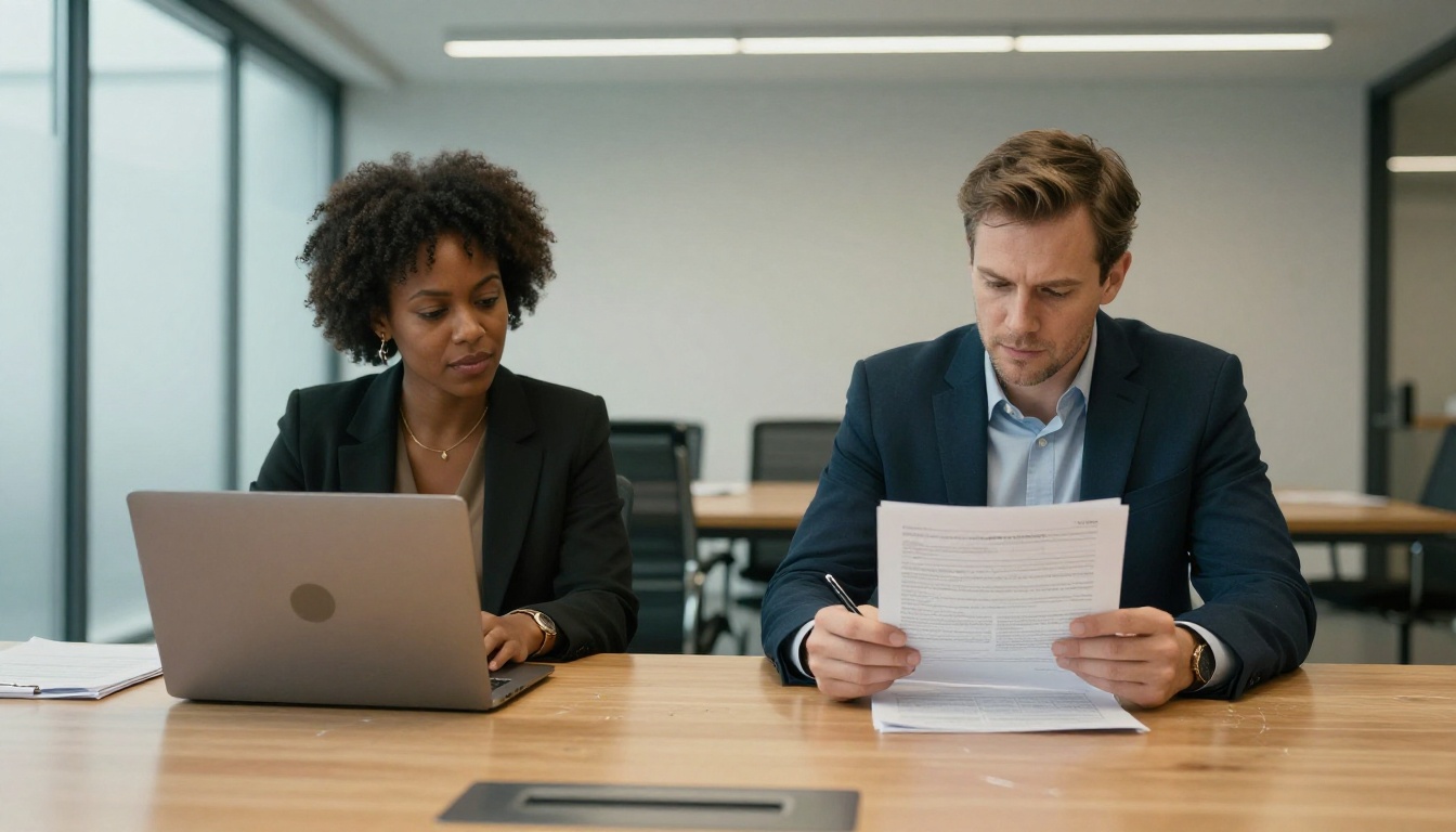 Two professionals reviewing a printed document at a conference room table