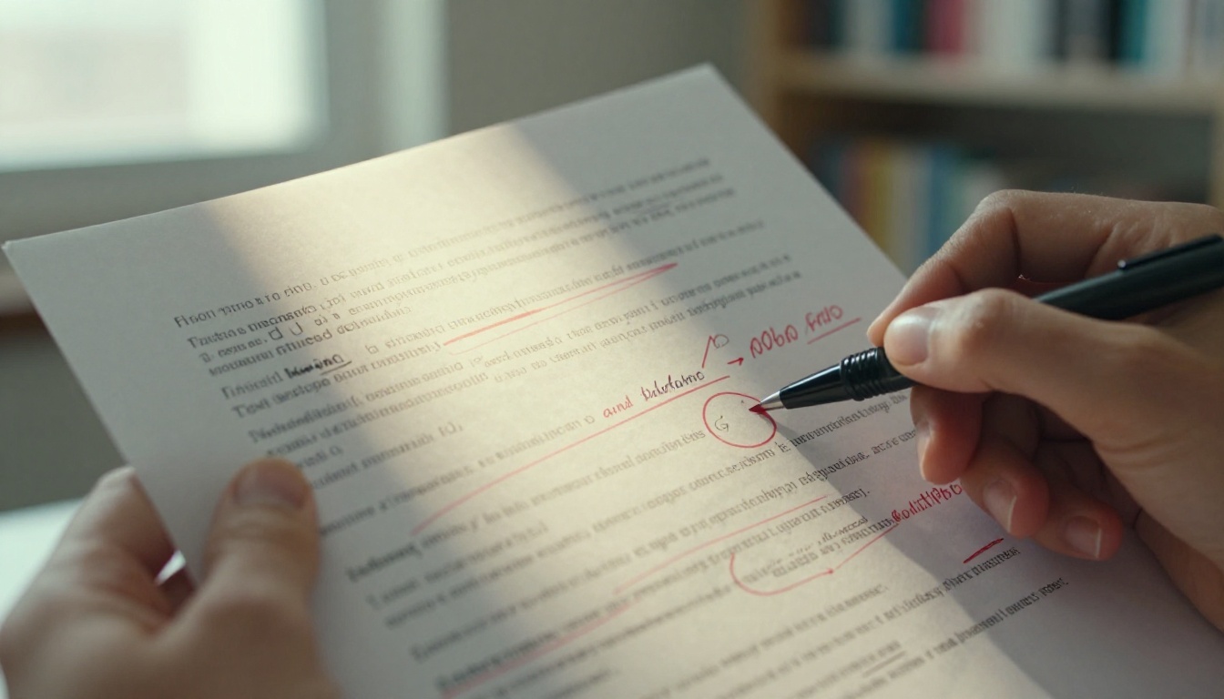 Printed document covered in precise red pen annotations and margin notes