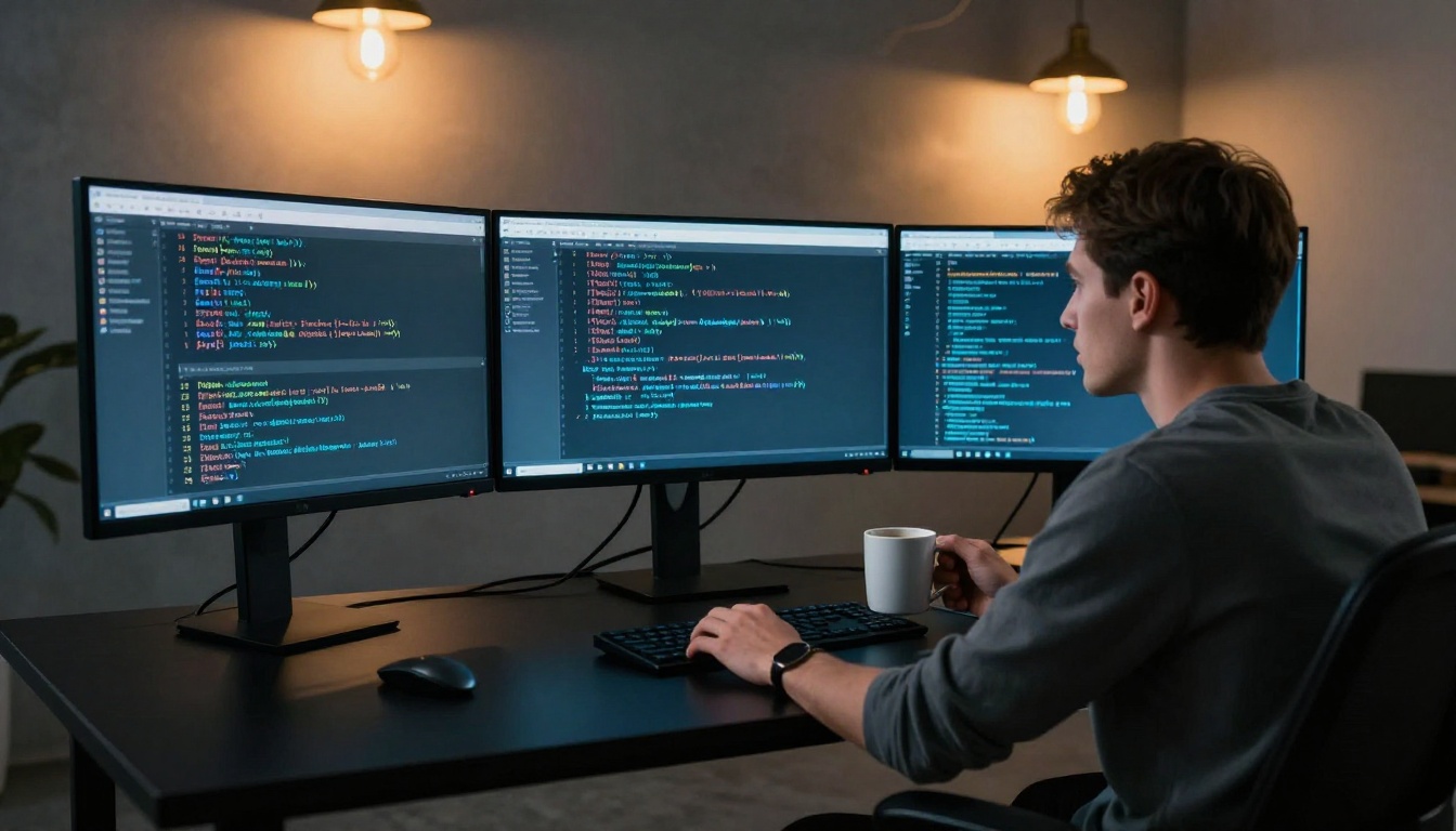 Developer at a standing desk debugging a multi-agent pipeline Developer at a standing desk debugging a multi-agent pipeline