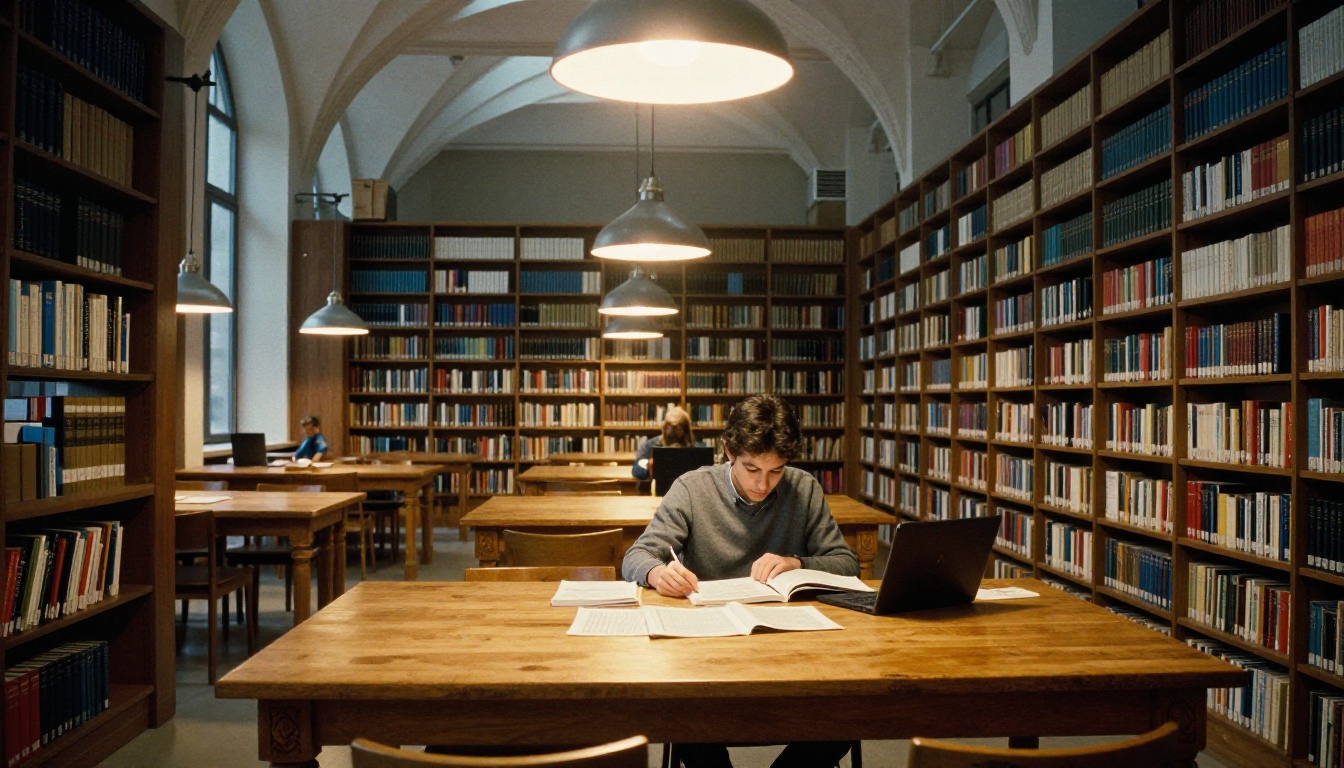 Student reviewing thick printed reports at a university library reading table