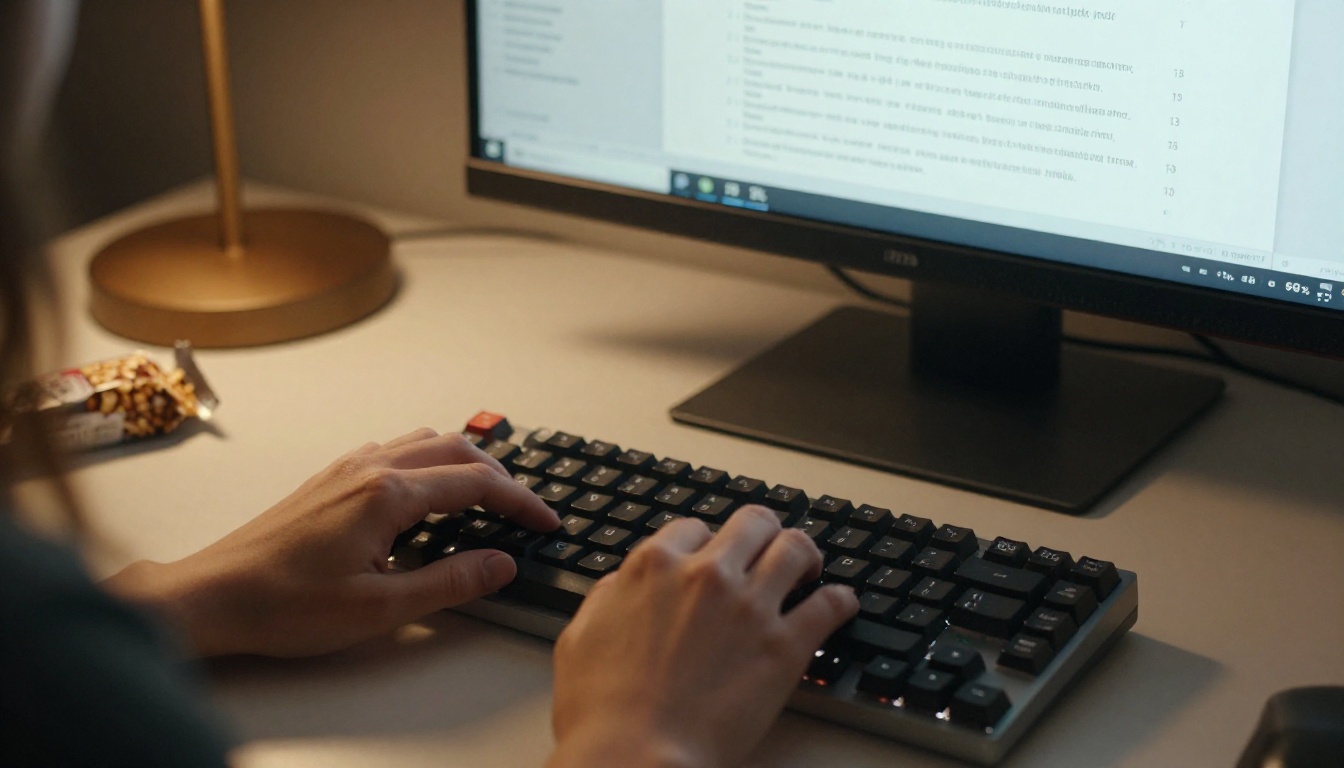 Woman typing on a mechanical keyboard with a structured document outline visible on monitor