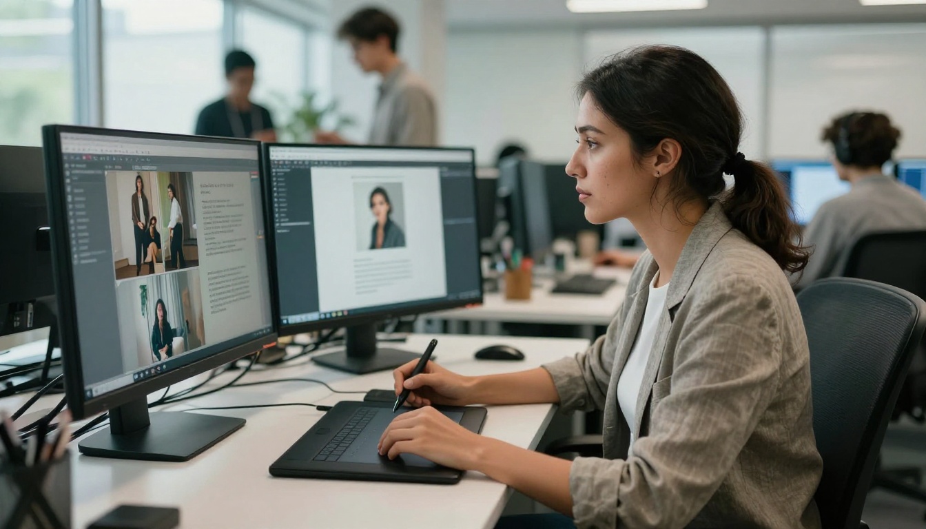 Professional woman analyzing AI image outputs on dual monitors