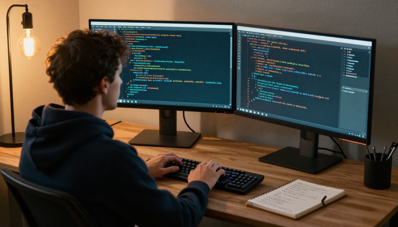 Developer working on complex code across multiple monitors