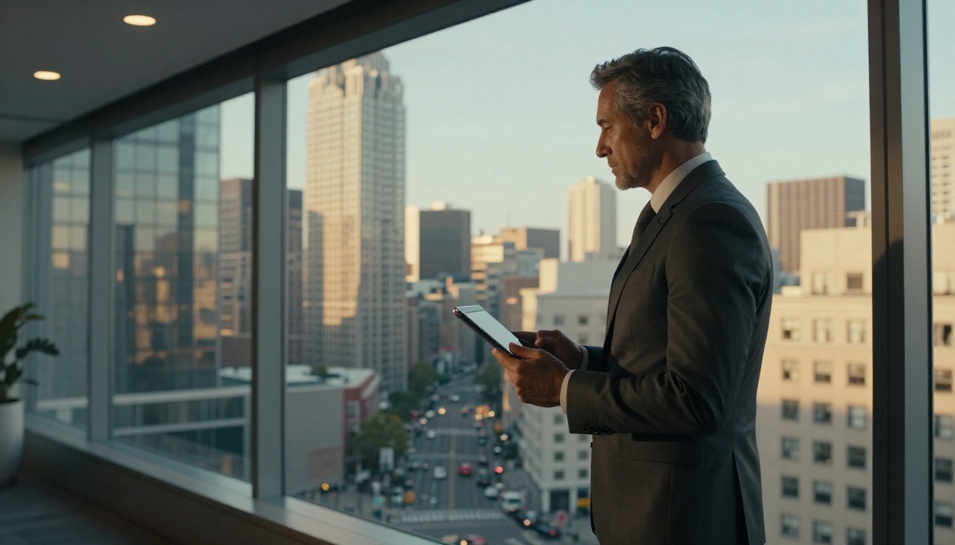Confident executive evaluating AI model options in a premium office