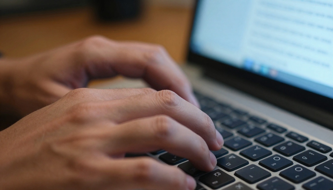 Close-up of hands typing actively on a mechanical keyboard with AI research interface visible on screen behind