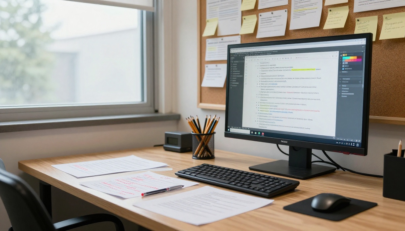 Wide-angle view of a research workspace showing printed documents on left and AI interface on right monitor