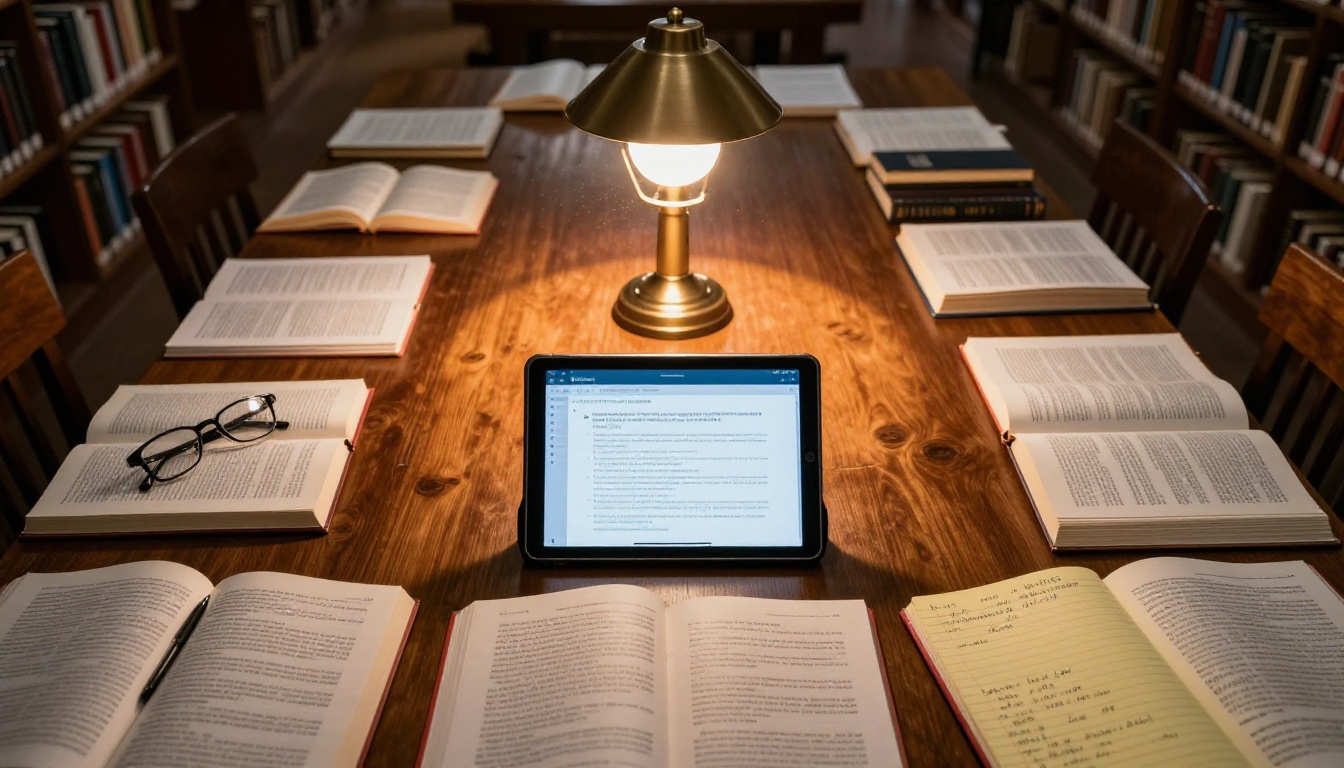Aerial overhead view of a university library reading table covered in open books and research papers with tablet in center