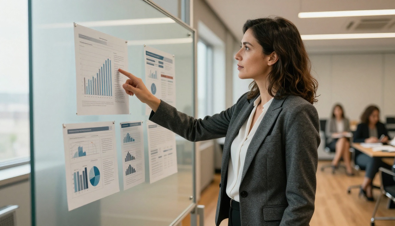 Low-angle shot of a professional woman presenting AI-generated research summaries at a glass board in a conference room