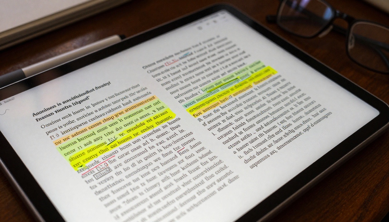 Close-up of printed academic paper with tablet overlay showing AI-highlighted key sentences and summarized text