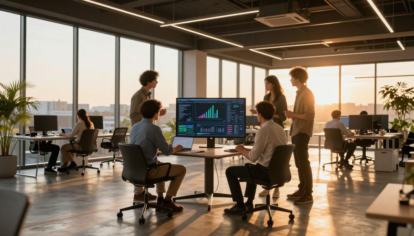 Wide establishing shot of a modern open-plan office team gathered around monitor showing AI research dashboard