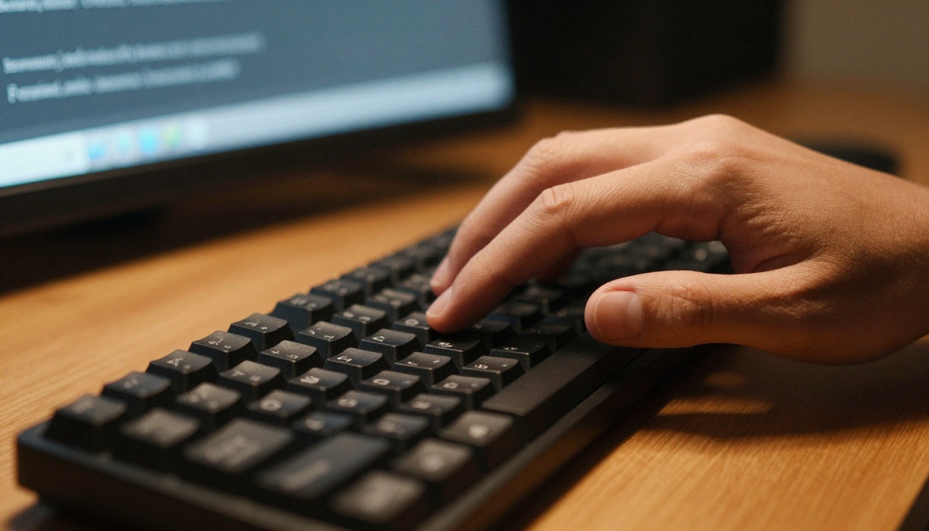 Hands on keyboard with AI output on screen in the background Hands on keyboard with AI output on screen in the background