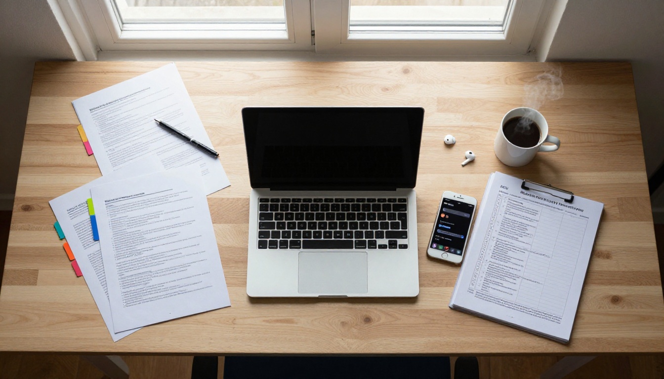 Overhead flat-lay of organized research workspace with laptop, documents, planner, and smartphone on birch wood desk