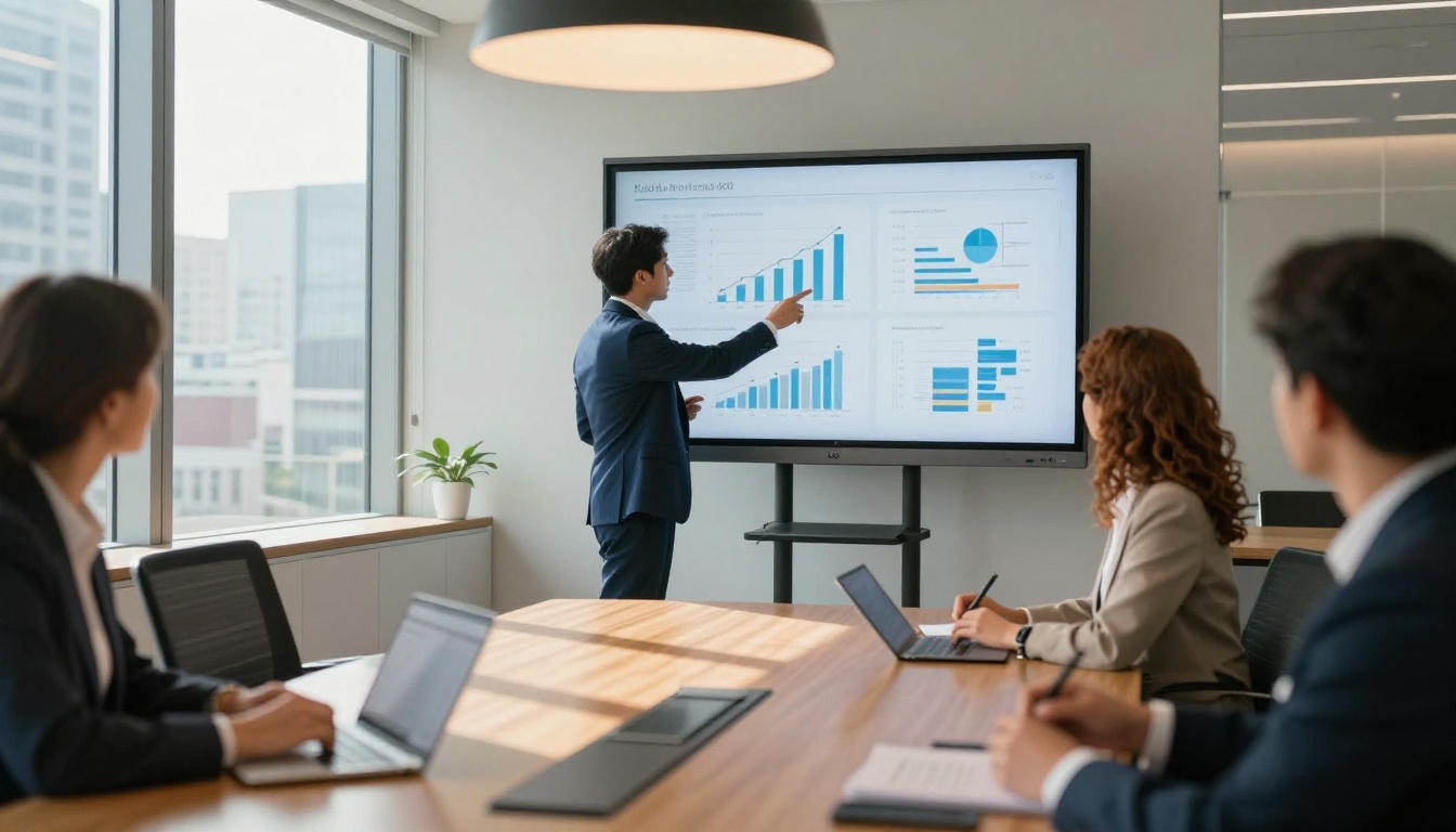 Professional presentation on AI in a modern boardroom Professional presentation on AI in a modern boardroom
