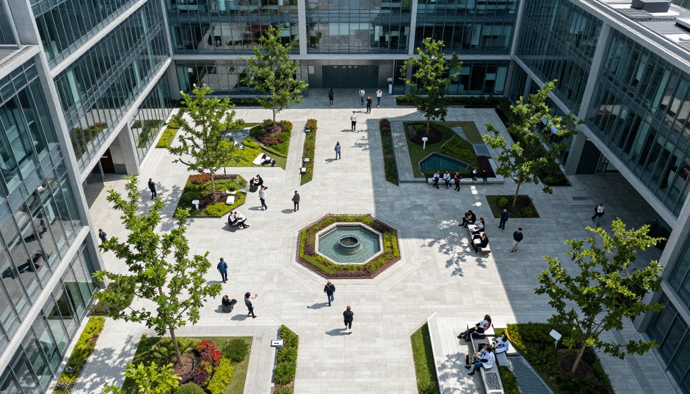 Aerial view of a modern tech campus with workers Aerial view of a modern tech campus with workers