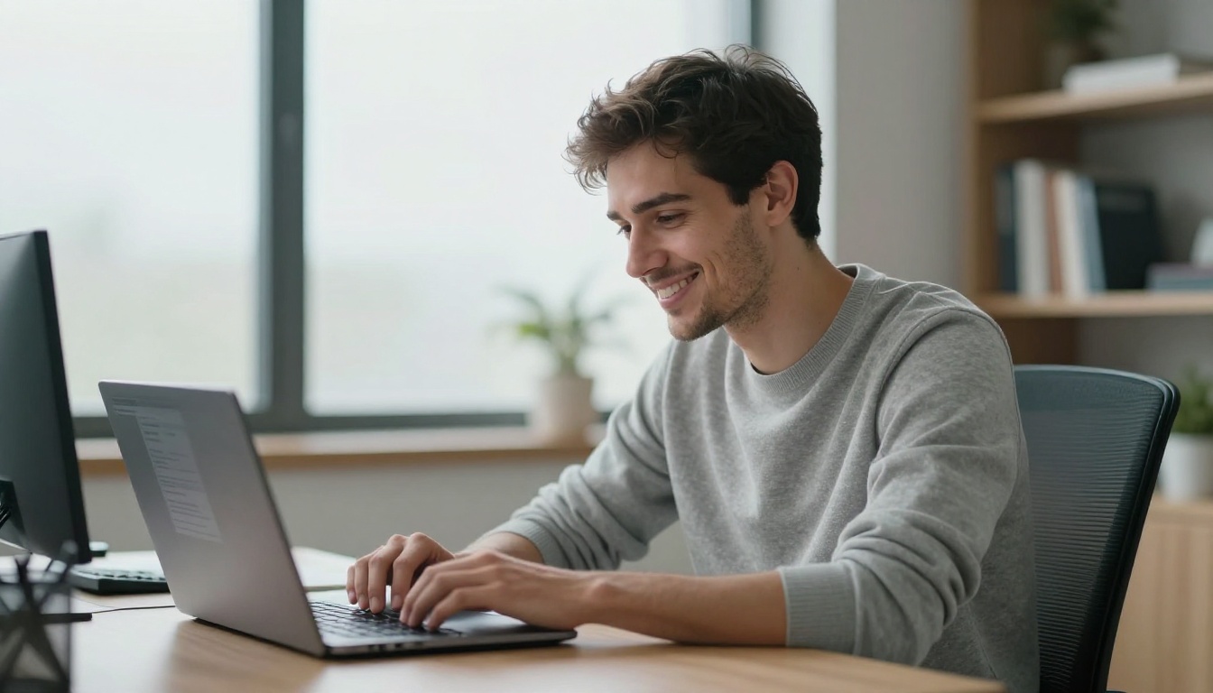 Young male researcher leaning back in chair with satisfied expression, laptop showing completed AI research report