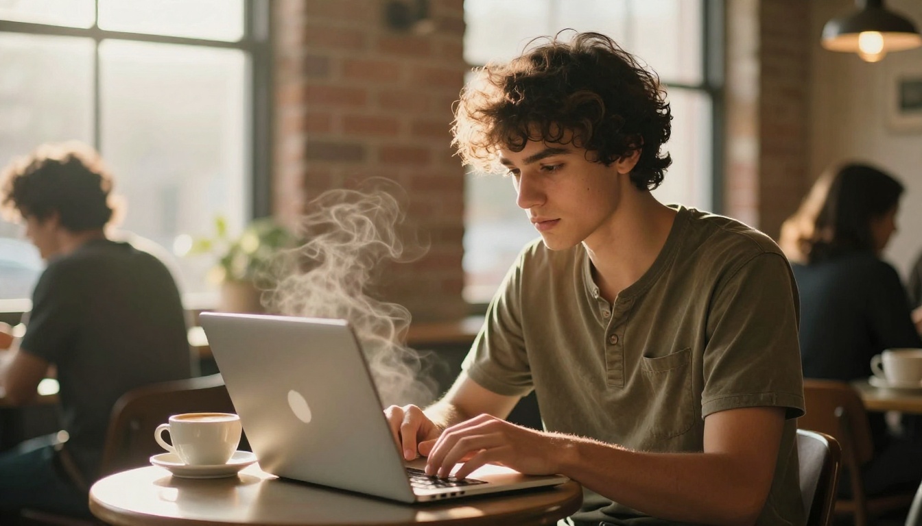 Person using AI via laptop in a relaxed coffee shop setting Person using AI via laptop in a relaxed coffee shop setting